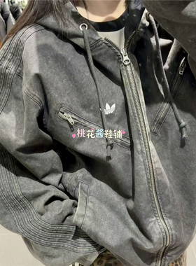 Adidas阿迪达斯三叶草 25年冬季休闲连帽做旧牛仔棉服外套 KC2640