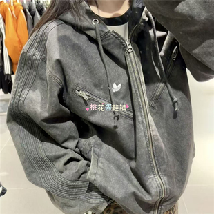 Adidas阿迪达斯三叶草 25年冬季休闲连帽做旧牛仔棉服外套 KC2640