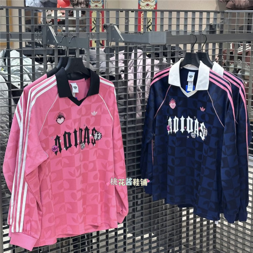 Adidas三叶草26情人节款蓝粉色翻领POLO运动长袖T恤KY2020 KY2021