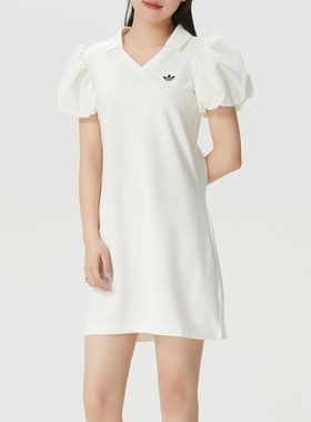 Adidas三叶草26年女子V领泡泡袖黑白色休闲连衣裙KD0302 KE3437