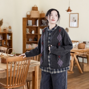 重磅加厚菱形格纯羊毛开衫女宽松休闲圆领针织复古毛衣外套百搭