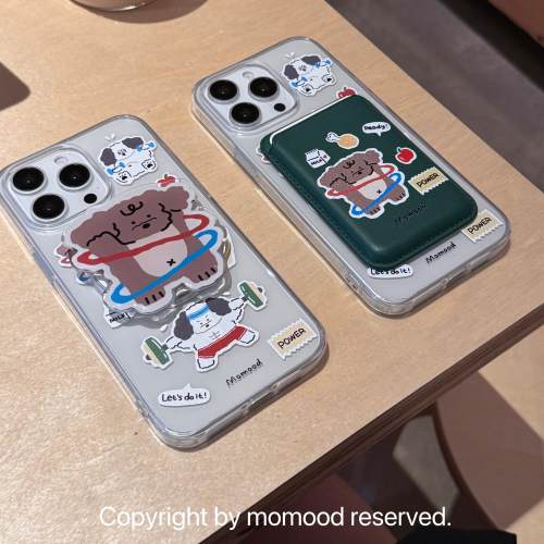 MoMood健身小狗透明磁吸手机壳适用苹果iPhone16ProMax韩国ins风磁吸支架气囊卡通高级感卡包亚克力硬壳