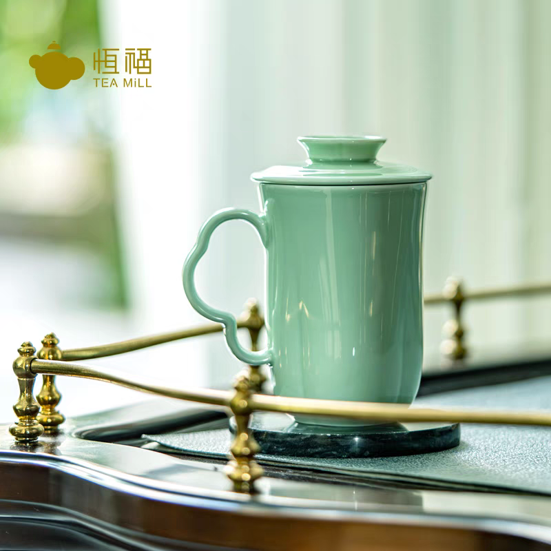 恒福正品青瓷月牙过滤茶杯女士个人专用陶瓷家用办公室泡茶水杯子