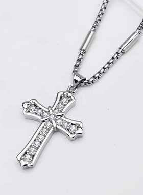 镶钻十字架项链男白色锆石不掉色高级感百搭饰品女潮跨境爆款配饰
