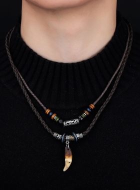狼牙双层叠戴项链男新款民族风时尚个性设计首饰女高级百搭饰品潮