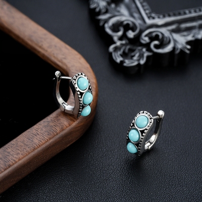 镶嵌仿天然绿松石耳环男女耳钉复古耳扣小众传统民族风耳饰品批发