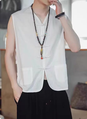 棉麻背心男夏季薄款开衫大码男式马甲老头汗衫复古盘扣国风马褂