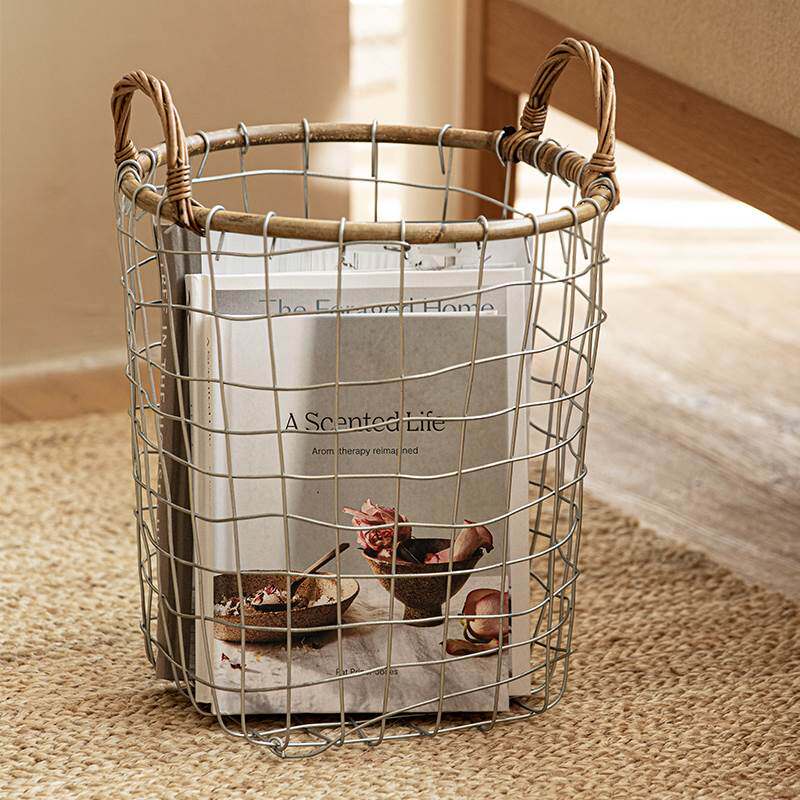 美式复古简约铁艺网格收纳篮藤条铁丝编织储物筐纯手工手提置物篮