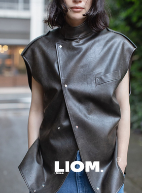 24秋冬ins日系宽松落肩小众设计立领时尚皮革无袖马夹外套女