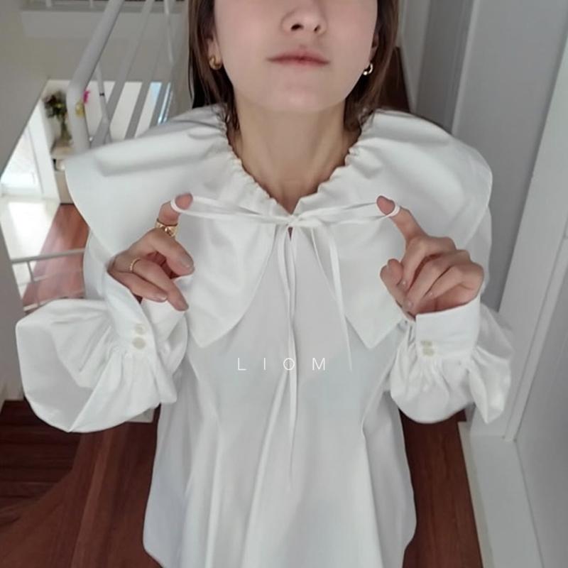 复古细带大翻领日系长袖衬衫