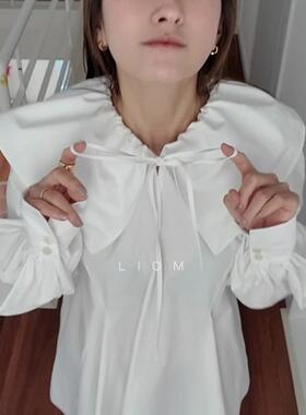 25春新品CLANE系带大翻领立体感日系甜美小众设计娃娃领长袖衬衫