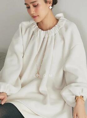 2025春季新款日系小众甜美圆领抽皱系带宽松落肩灯笼袖慵懒风上衣