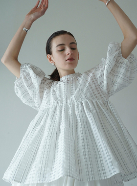 日本CLANE松本惠奈新款日系泡泡短袖宽松立领透视小格子衬衫女