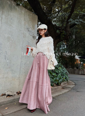 2025秋冬新款甜美复古文艺小众设计感粉色高腰显瘦拼接A字半身裙