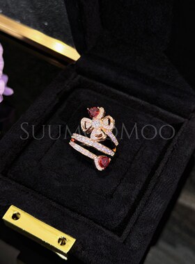 铜合金合成锆石戒指 法式时尚花朵红爱心戒指