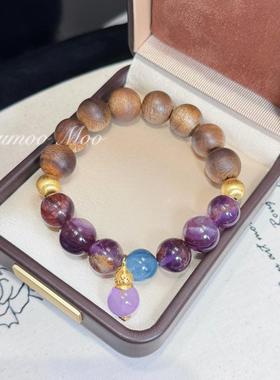 沉香天然芽庄沉香紫幽灵紫锂云母紫水晶手串 925银多样性发其一