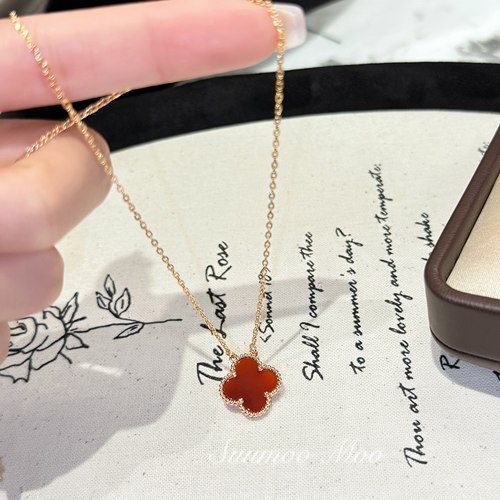 坠链均925银合成锆石 法式时尚玫瑰金红色幸运花花项链 925通体银