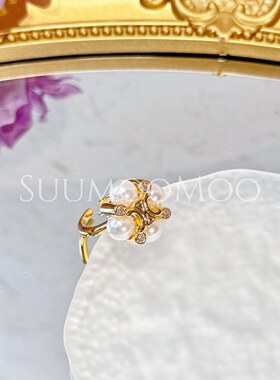 铜合金合成锆石戒指 法式时尚花朵珠子戒指高级感