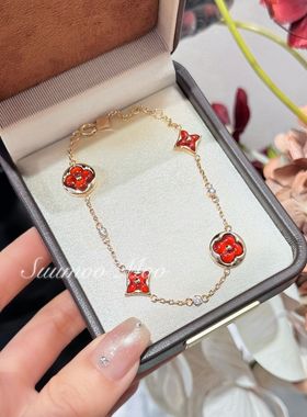 铜合金合成锆石手链 轻奢经典时尚红色老花四叶草手链