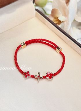 铜合金合成锆石手链 鸿运当头 时尚老花四叶草红绳手链简约风女