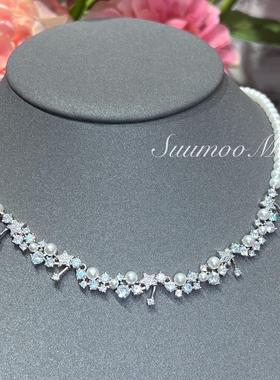 铜合金合成锆石项链 星语珠链 白色珠珠超闪锆石项链时尚气质仙女