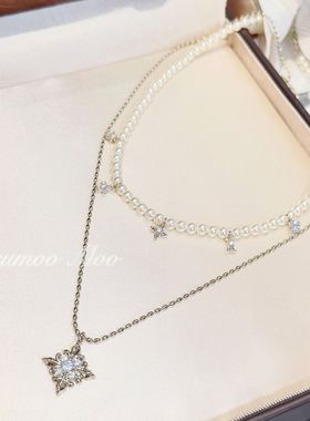 叠戴链子欧美风精致鸢尾花双层链项链