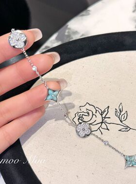 女正品S925通体银法式时尚蓝色间钻手链