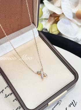 铜合金合成锆石项链 法式时尚满钻交叉项链 时尚锁骨链气质