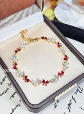 铜合金合成锆石手链 彩色时尚蝴蝶结红钻手链 精美精致