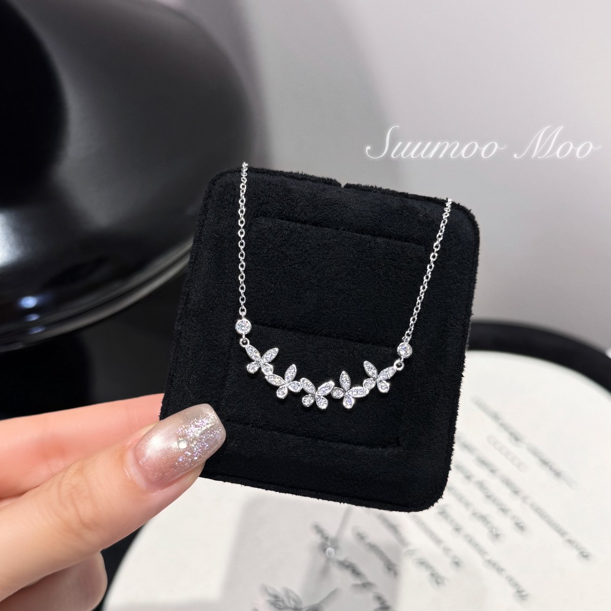 坠链均925银合成锆石 925通体银【蝴蝶仙子】气质满钻蝴蝶项链 精