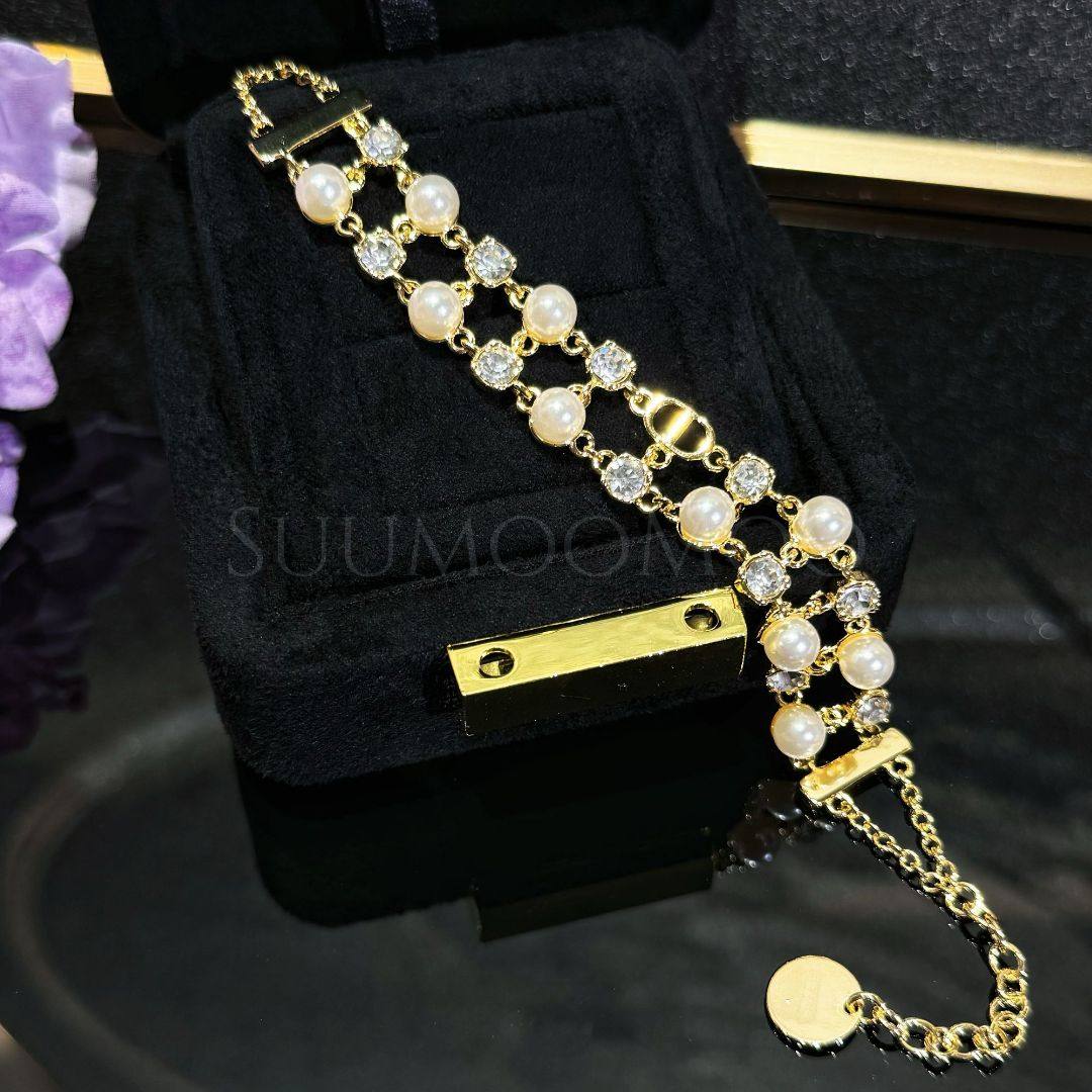 铜合金合成锆石手链 法式时尚双层珠珠手链