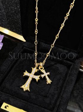 铜合金合成锆石项链 法式高级感甜酷个性十字架项链小众时尚
