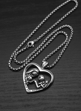 哥特风一家三口爱心吊坠项链钢女