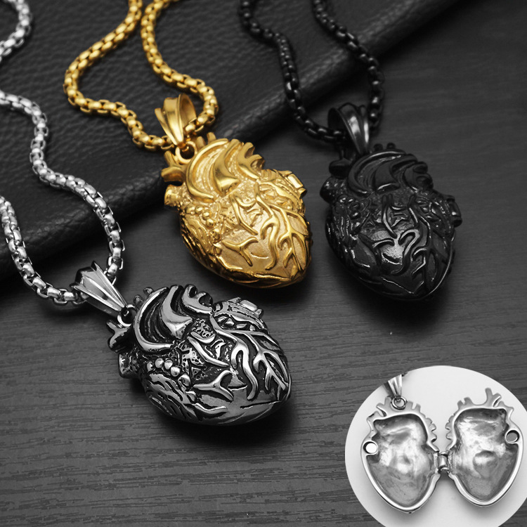 可打开心脏吊坠项链钢比心情侣