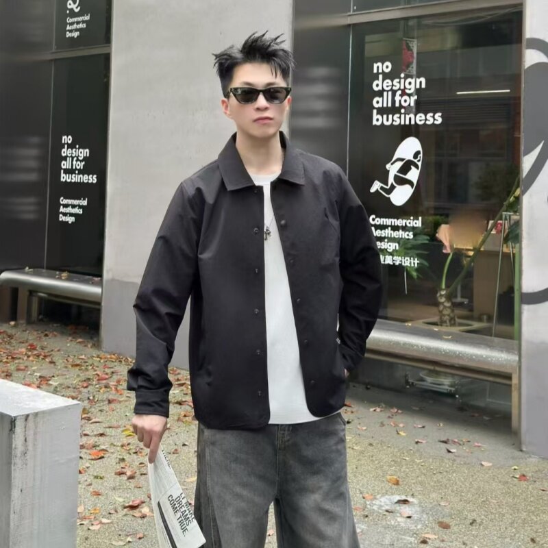 2026秋季男士新款翻领长袖衬衫青年休闲宽松百搭黑色潮流上衣外套