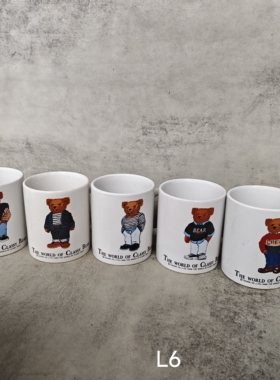 出口回流小熊马克杯 白色 无底款 一套五个 茶亦居日本古美术L6