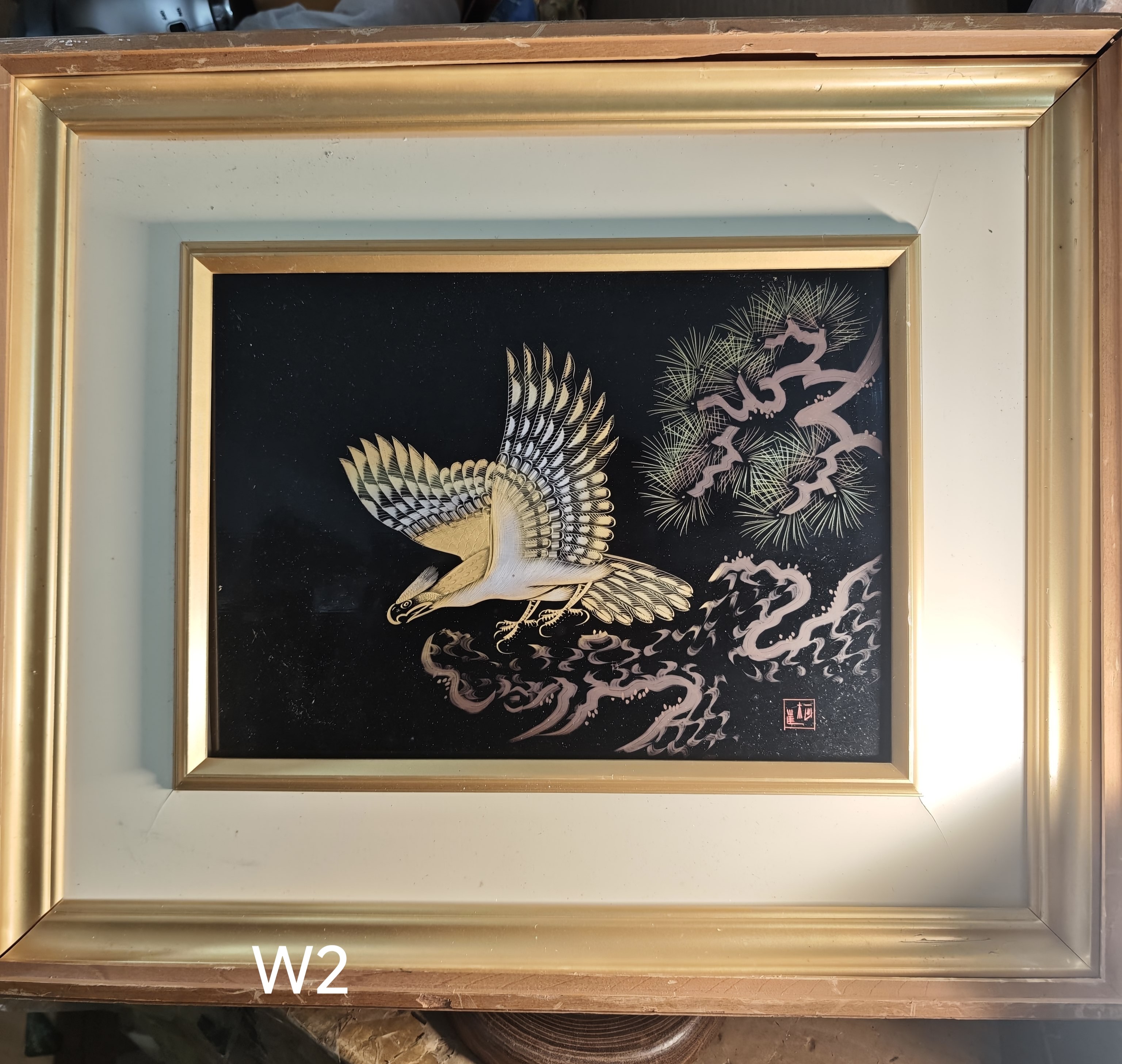 轮岛塗漆器沈金刻花描金框画 松鹰 木胎手刻 茶亦居日本古美术W2