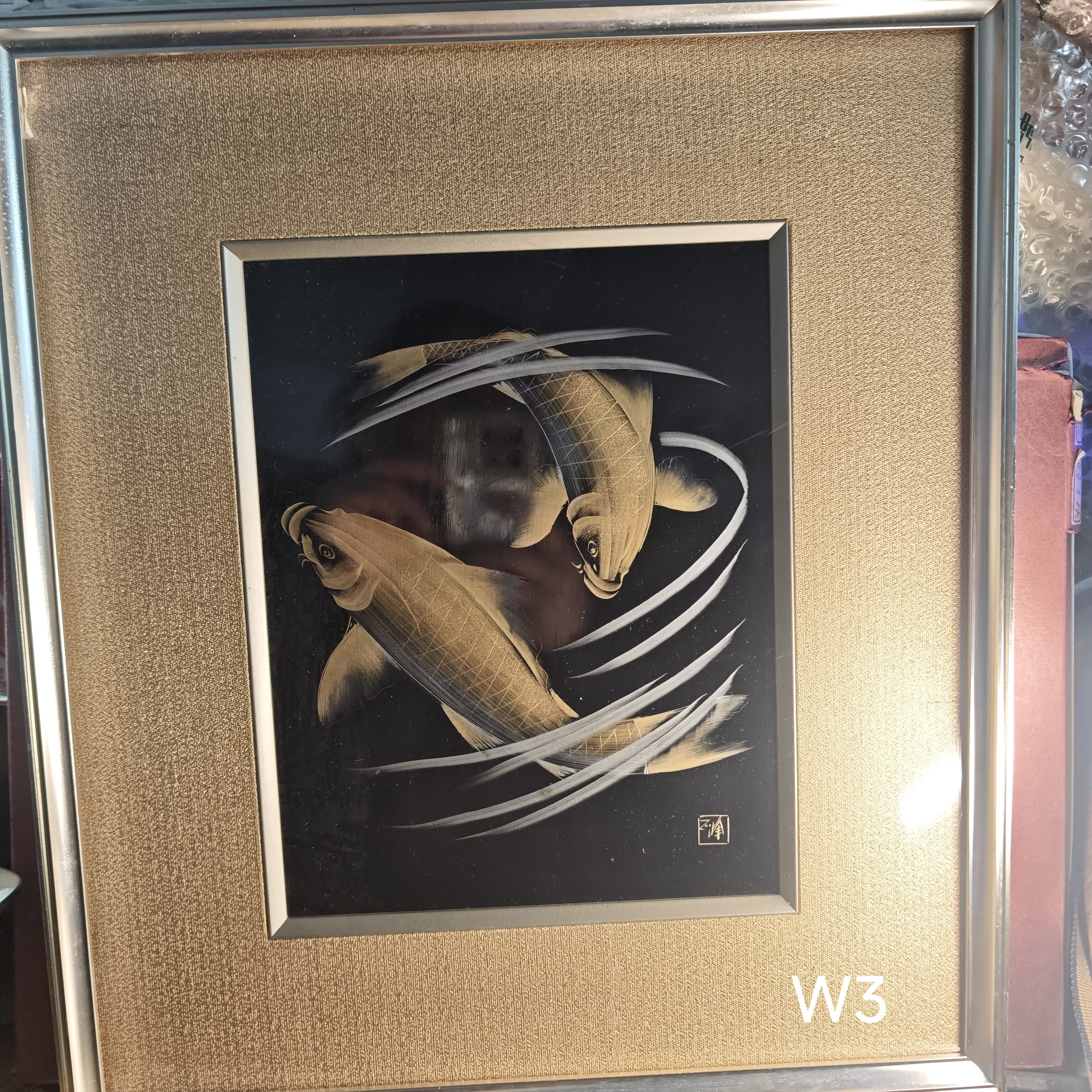 轮岛塗漆器沈金漆板画 双鱼 木胎手刻描金 金属框 茶亦居古美术W3