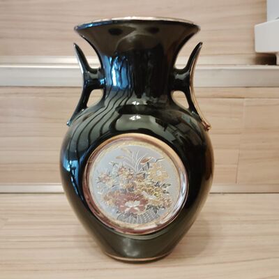 金银金属镶嵌黑釉陶瓷双耳花瓶 山弘陶苑 茶亦居日本古美术 L6