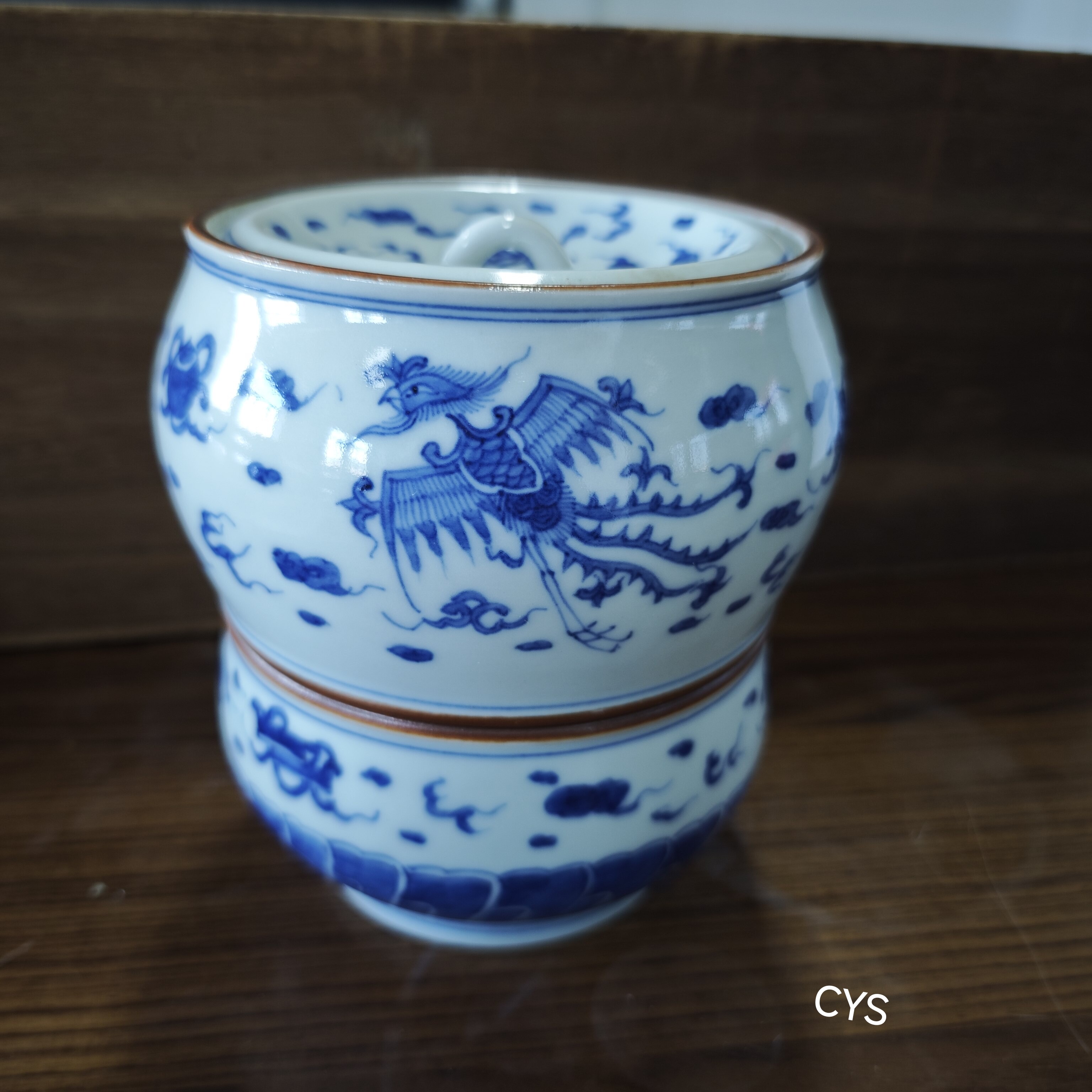 京烧平安春峰 老青花手绘凤凰纹水指清水罐大茶叶罐 CYS