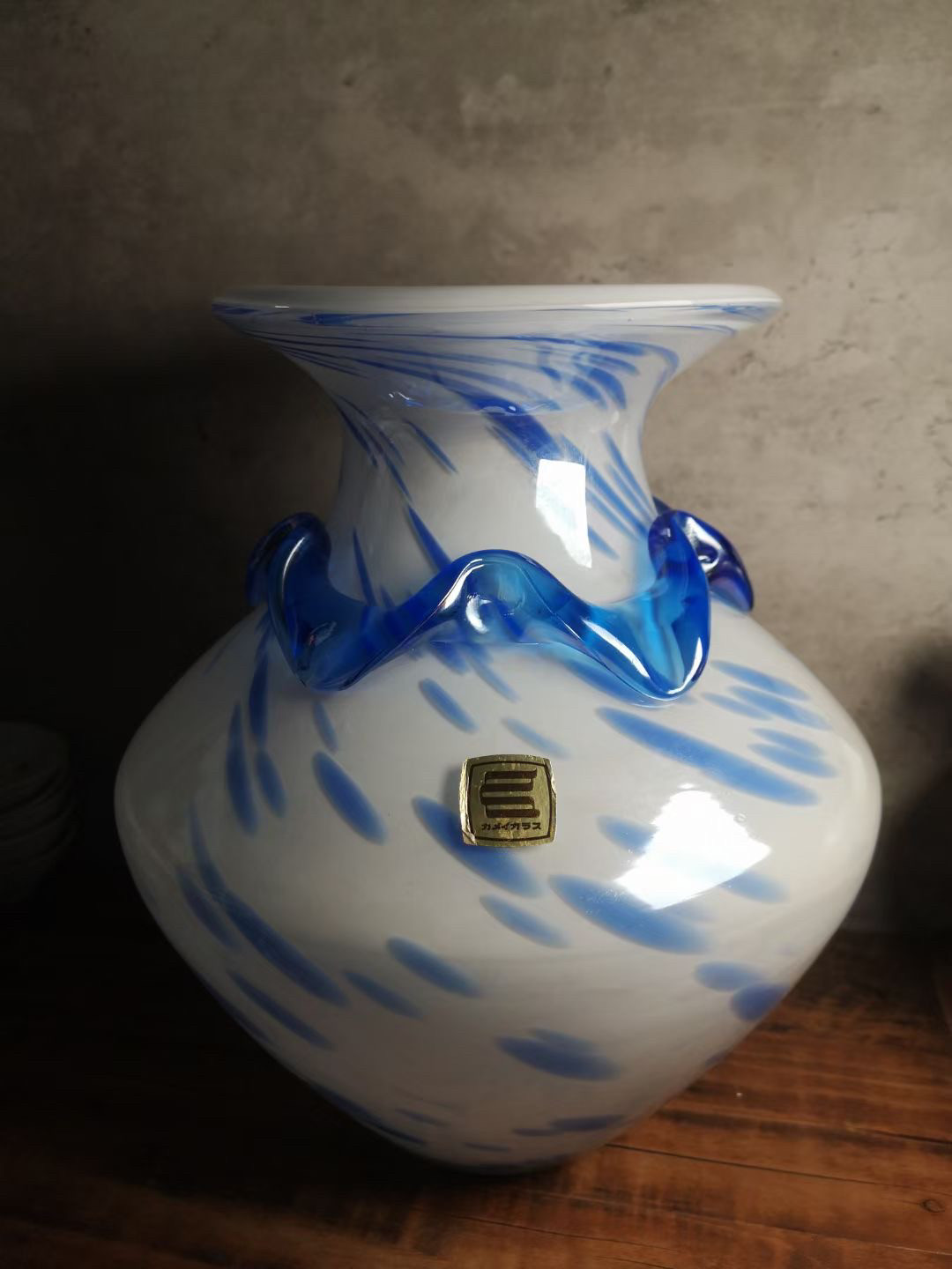 日本琉璃花瓶 手作 蓝白色 茶亦居日本古美术-L5