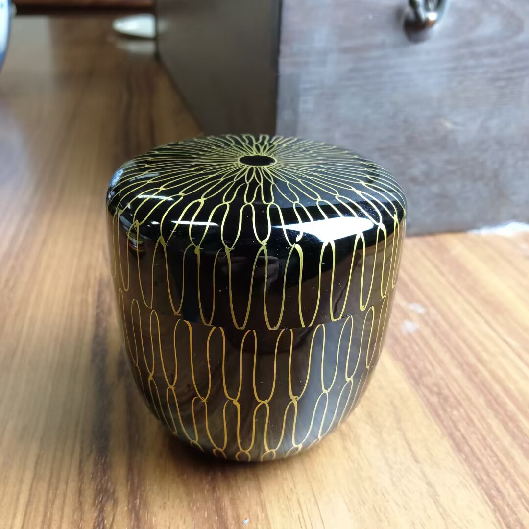 日本木胎金莳绘漆器茶枣茶叶罐 网纹 茶亦居日本古美术C2