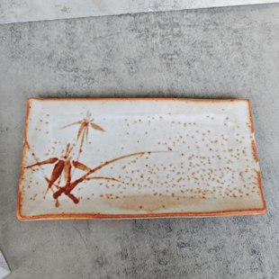 志野烧铁绘竹纹长方形菓子盘壶承茶点盘 茶亦居日本古美术L8