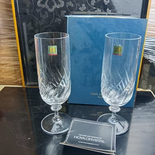 HOYA水晶玻璃高足酒杯 一对盒装带证书 茶亦居日本古美术 SPS