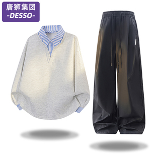 唐狮集团DESSO假两件拼接翻领套装 潮牌宽松情侣休闲套头上 男秋季