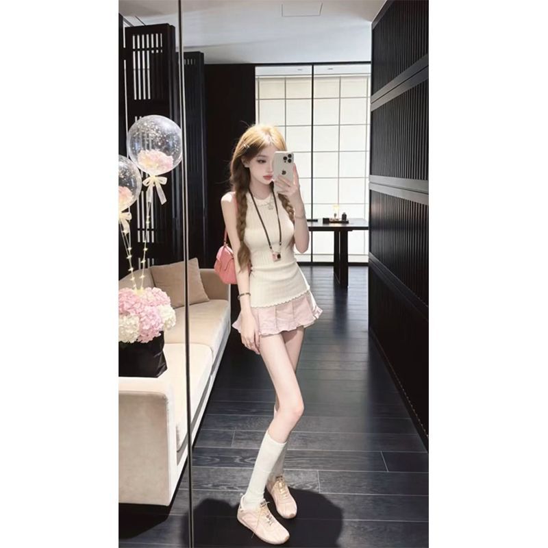 夏季甜辣风无袖高腰半身裙两件套