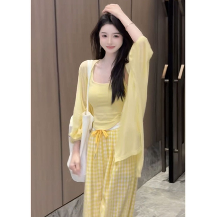 时尚休闲套装女夏季新款防晒开衫吊带上衣高腰格子阔腿裤三件套