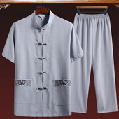 爷爷半袖 棉麻唐装 中老年人复古风亚麻爸爸夏装 短袖 休闲衣服 男套装