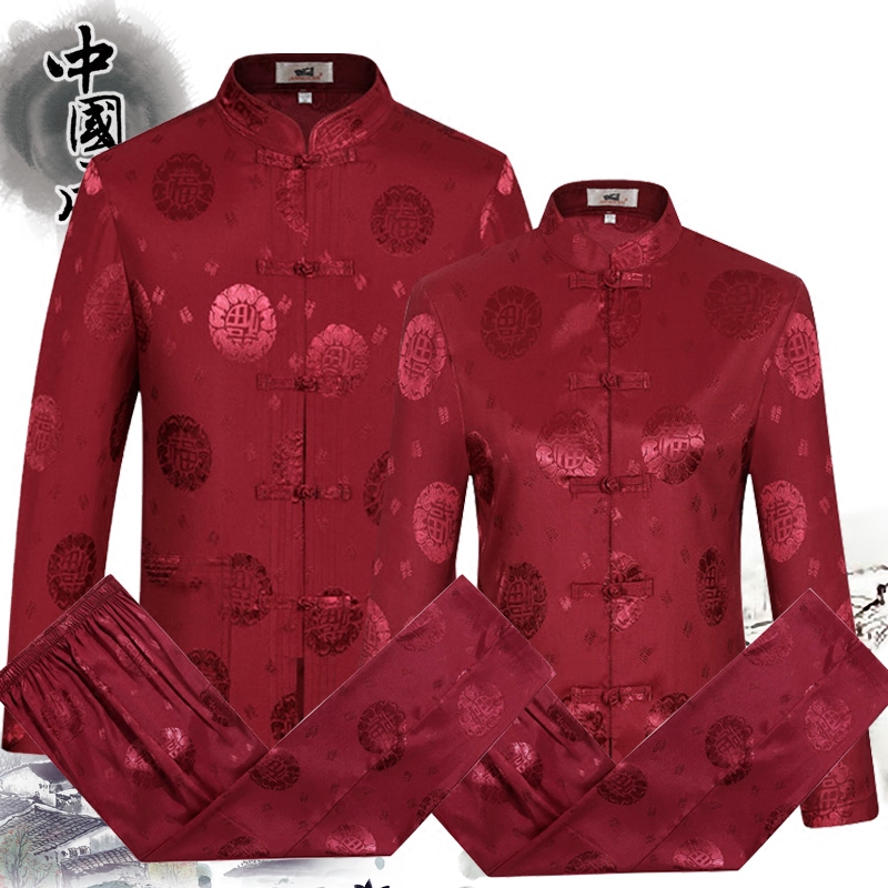 情侣装唐装男中老年长袖套装过寿生日老人衣服男女爷爷奶奶春夏装