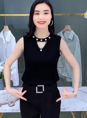 春夏新款西装外套螺纹内搭小衫无袖针织衫上衣黑色钉珠小背心吊带